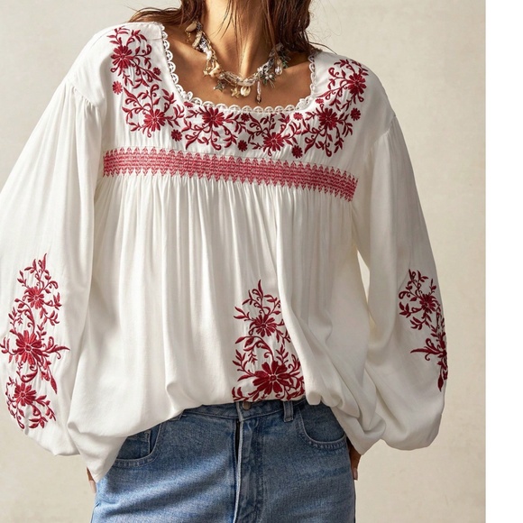 Plus Boho Floral Embroidered Square Neck Flounce Sleeve Blouse - Picture 2 of 6